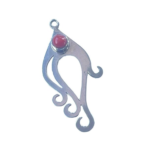 Handmade Silver Bird Pendant with Red Jasper Gemstone Accent Vintage Jewelry - Picture 2 of 6